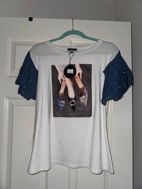 White Graphic Tee with Blue Puff Sleeves and Stud Detail